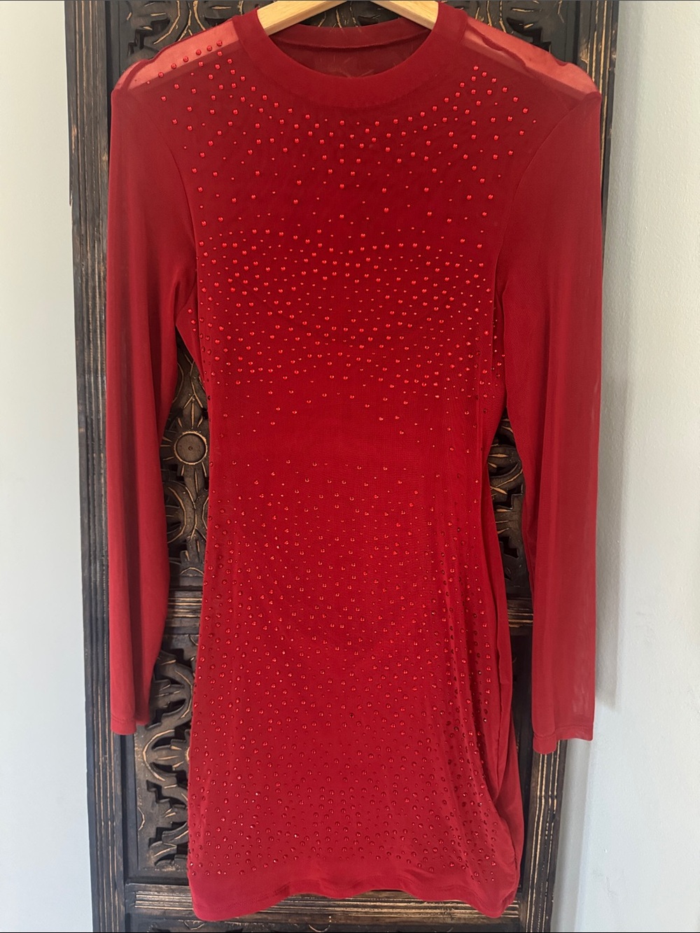SHEIN Red Long-Sleeve Studded Velvet Dress